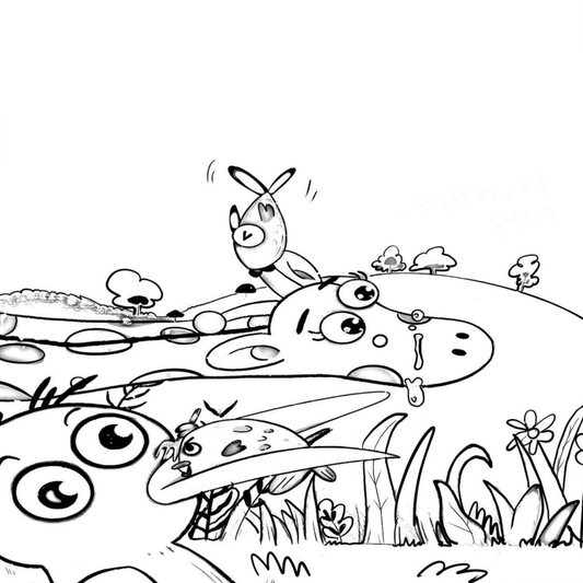 Cartoon scene with a fish and snail in a garden