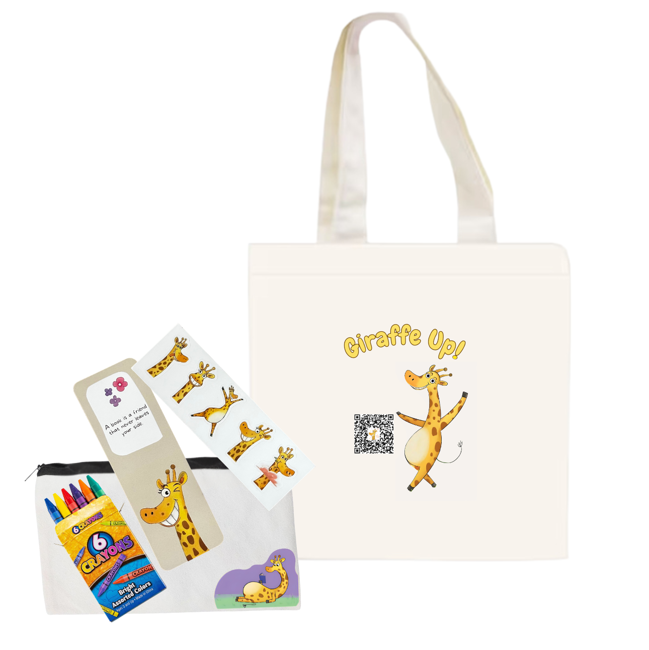Tote bag with Gertie the giraffe design and accessories on a white background