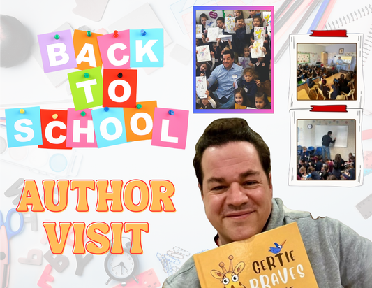 Promotional graphic for a back-to-school author visit with the Author holding a book titled 'Gertie Braves the River'.
