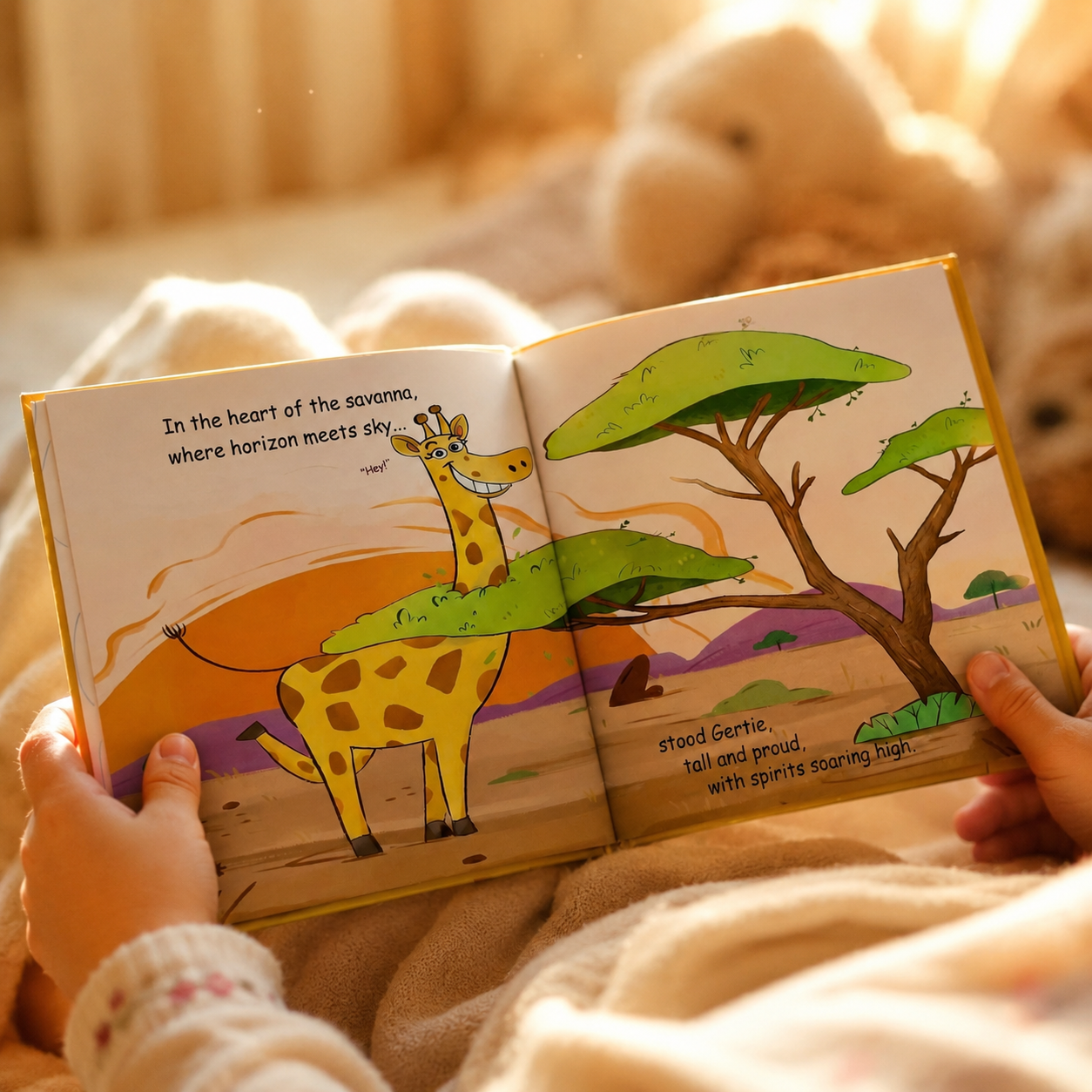 Child reading a giraffe children's book Gertie Braves the River.