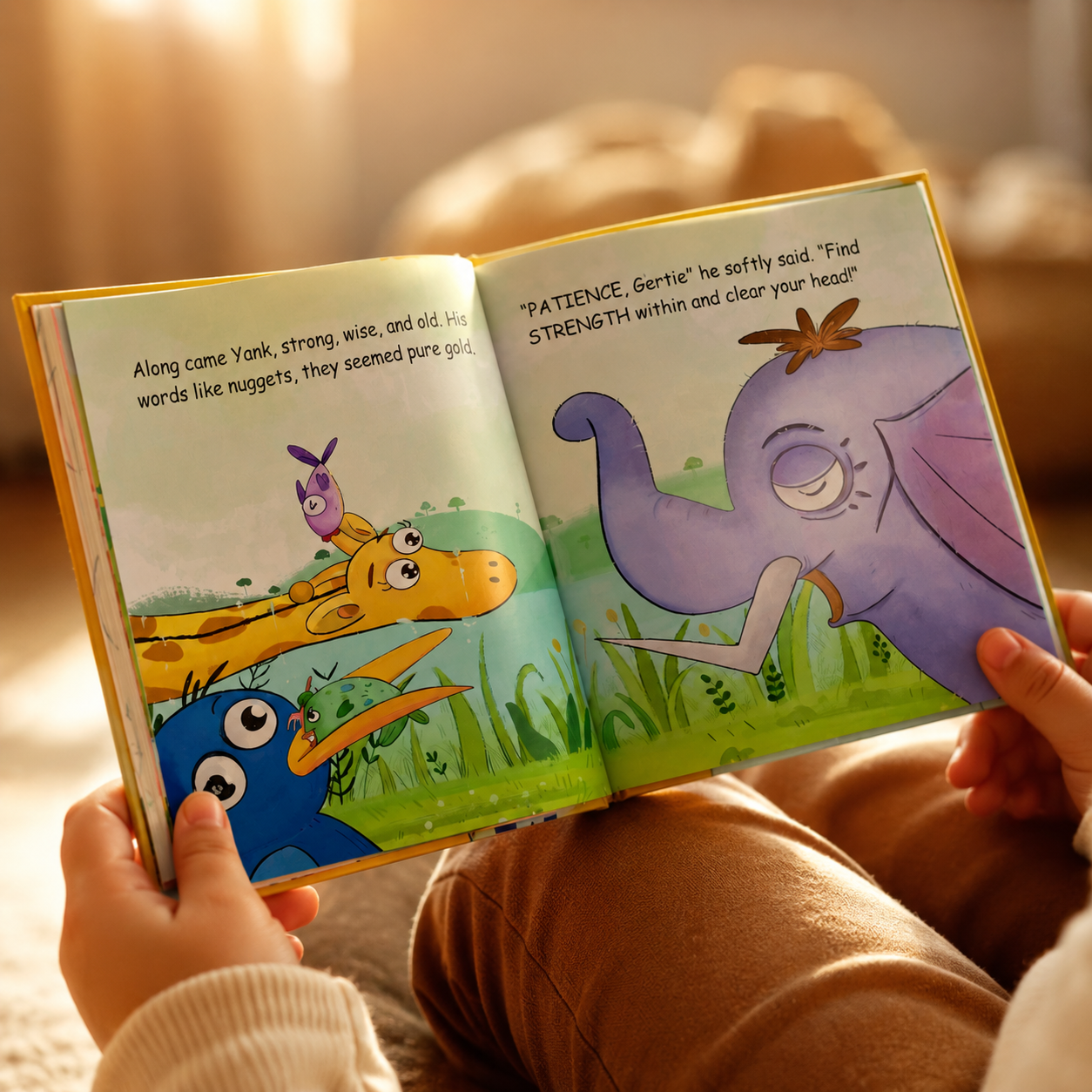 Giraffe Children's book Gertie Braves the River with colorful illustrations of animals held by a child.