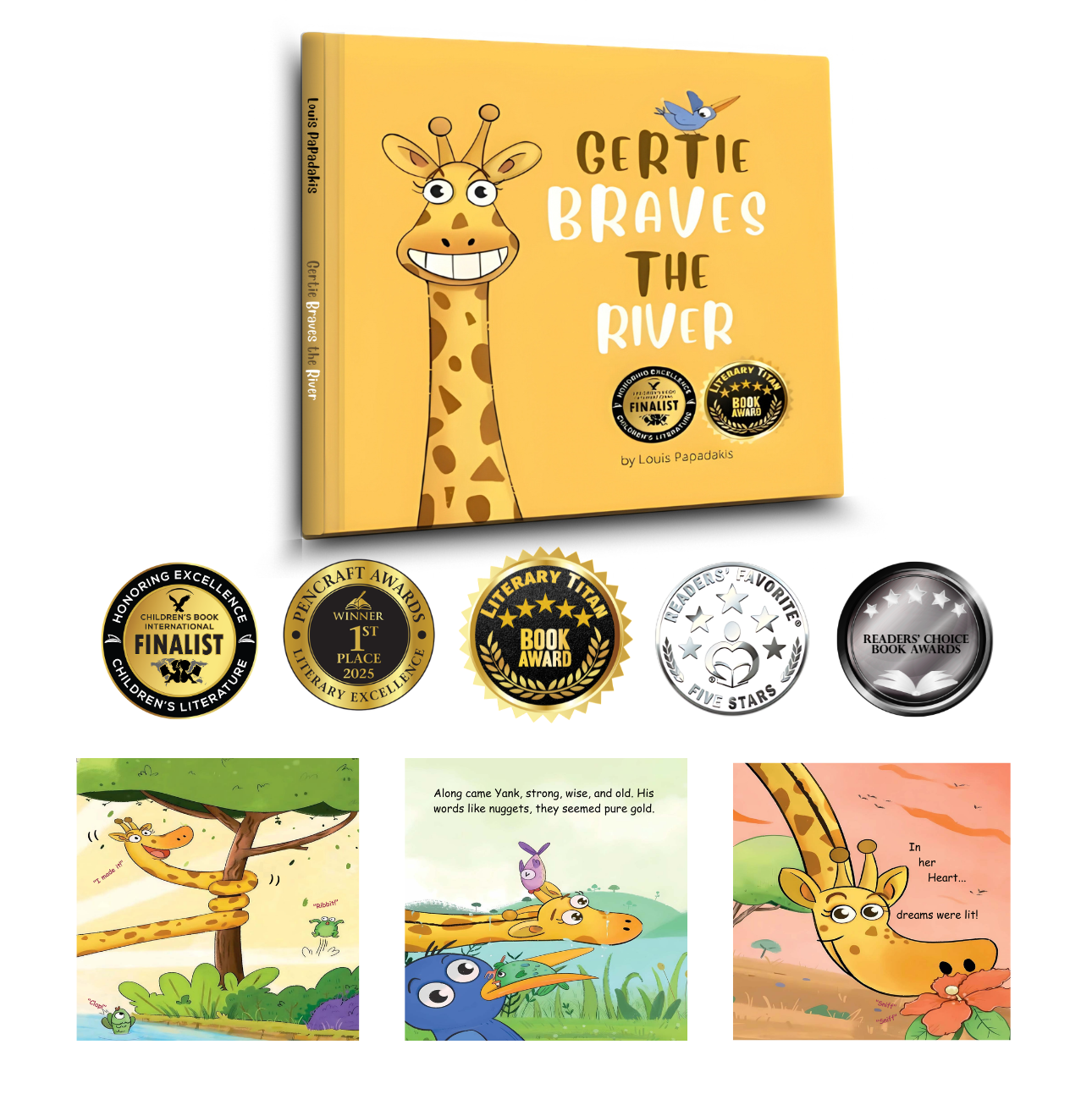 Award-winning Childrens book titled 'Gertie Braves the River' with illustrations and awards on a white background.