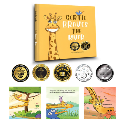 Award-winning Childrens book titled 'Gertie Braves the River' with illustrations and awards on a white background.