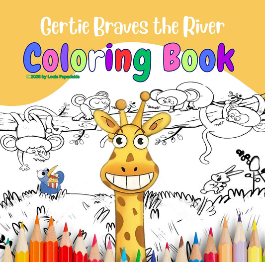 Coloring book cover with a giraffe and coloring pencils on a yellow background