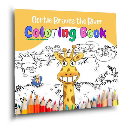 Coloring book cover with a giraffe and coloring pencils on a yellow background