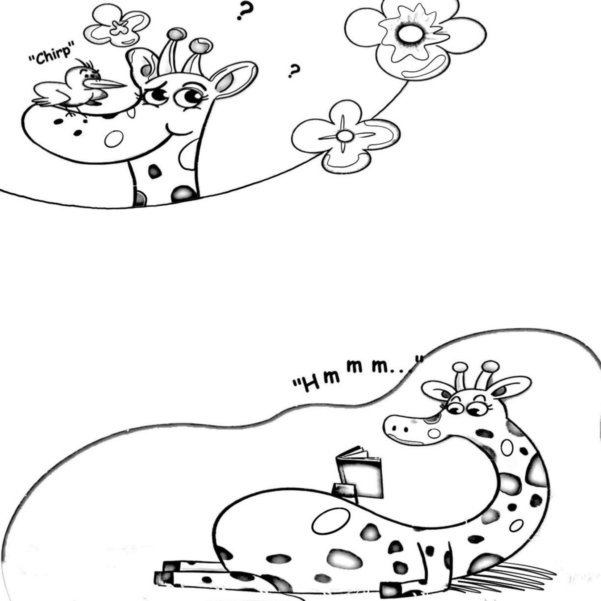 Cartoon giraffe with flowers and a bird, coloring book style.