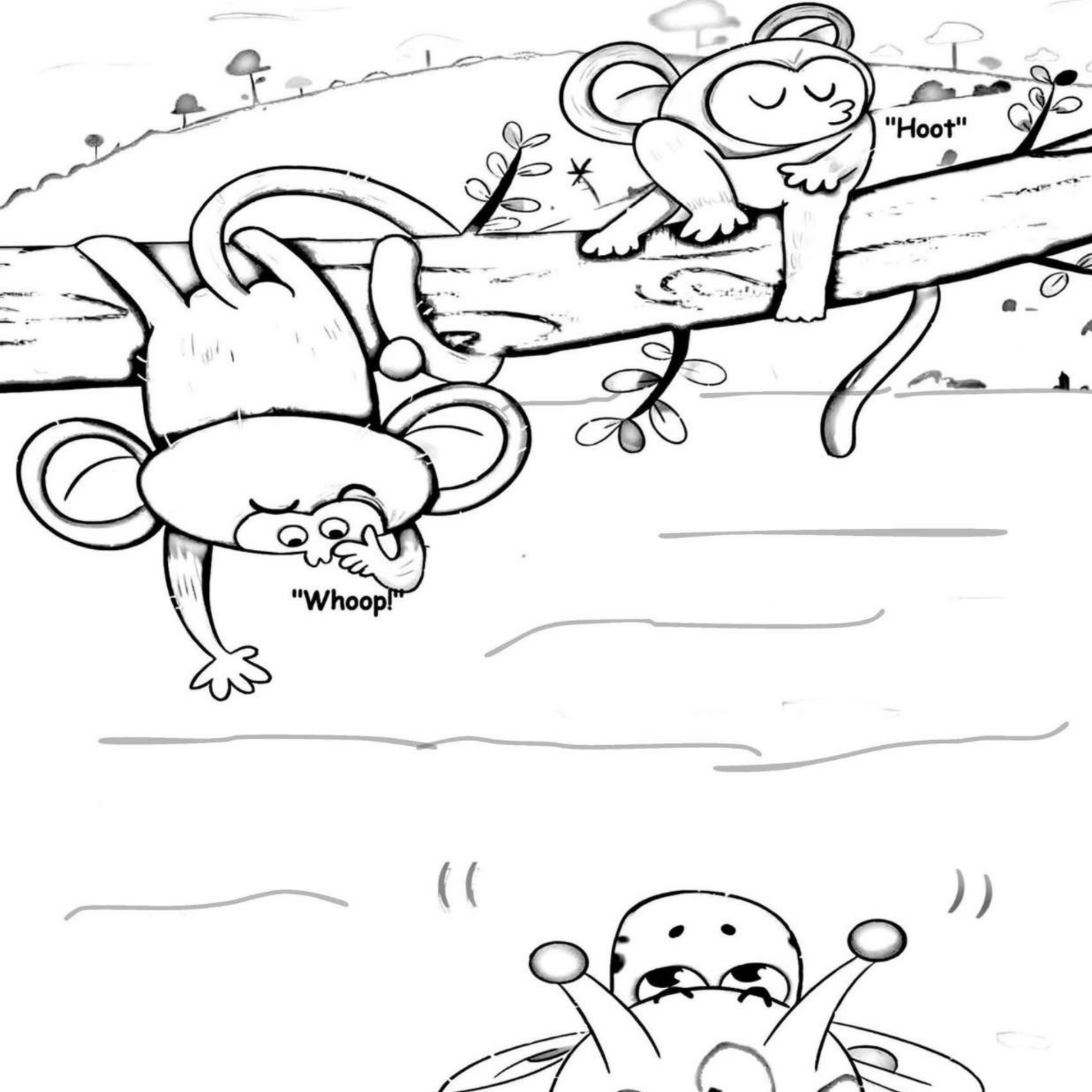 Cartoon illustration of two monkeys on a branch with a third monkey falling into water below.