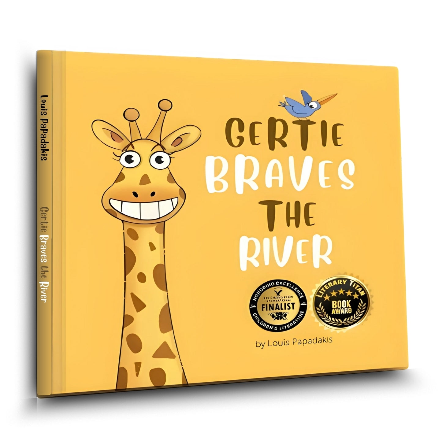 Kids Book cover of 'Gertie Braves the River' with a giraffe illustration on a yellow background