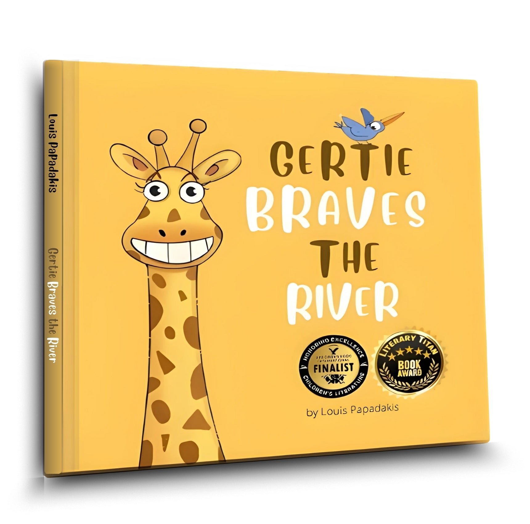 Kids Book cover of 'Gertie Braves the River' with a giraffe illustration on a yellow background