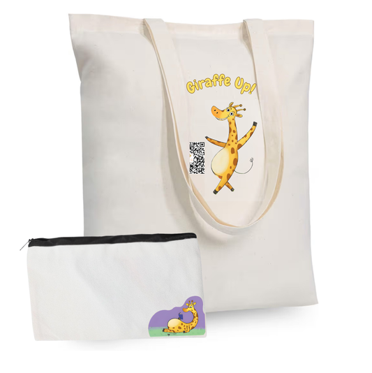Tote bag with Gertie the giraffe design, accompanied by a pouch with a similar design.