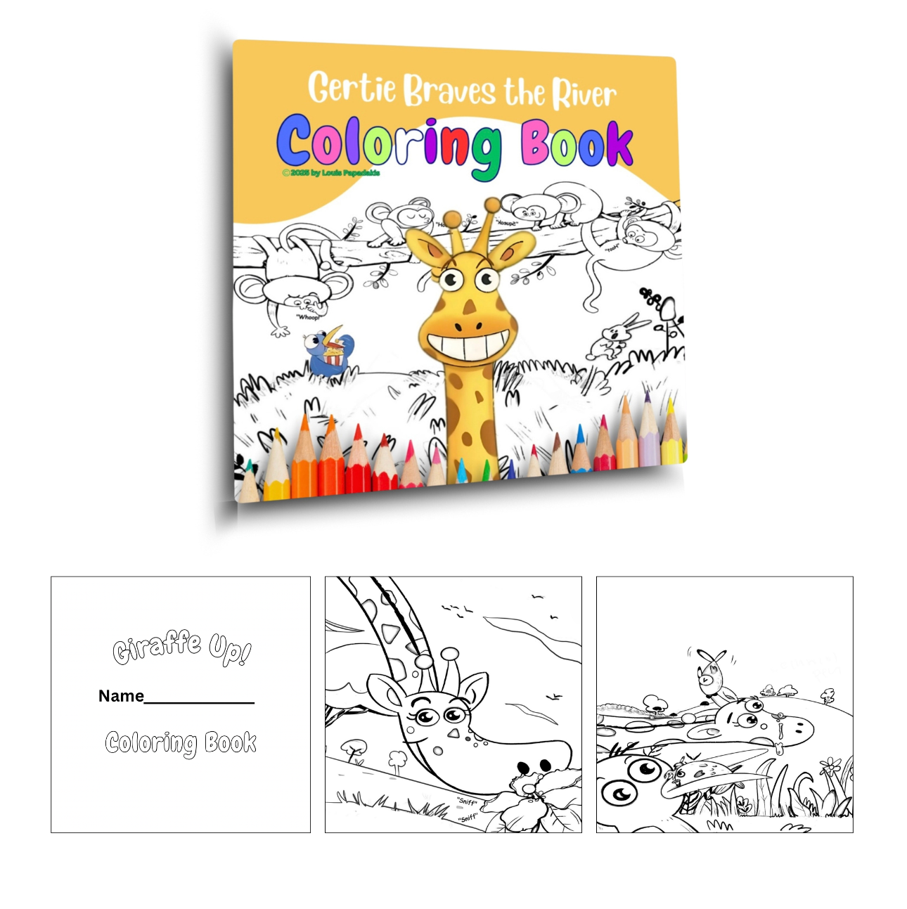 Coloring book titled 'Gertie Braves the River' with a cartoon giraffe and coloring pages.