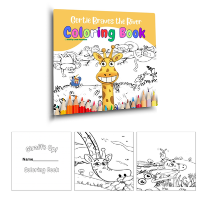 Coloring book titled 'Gertie Braves the River' with a cartoon giraffe and coloring pages.