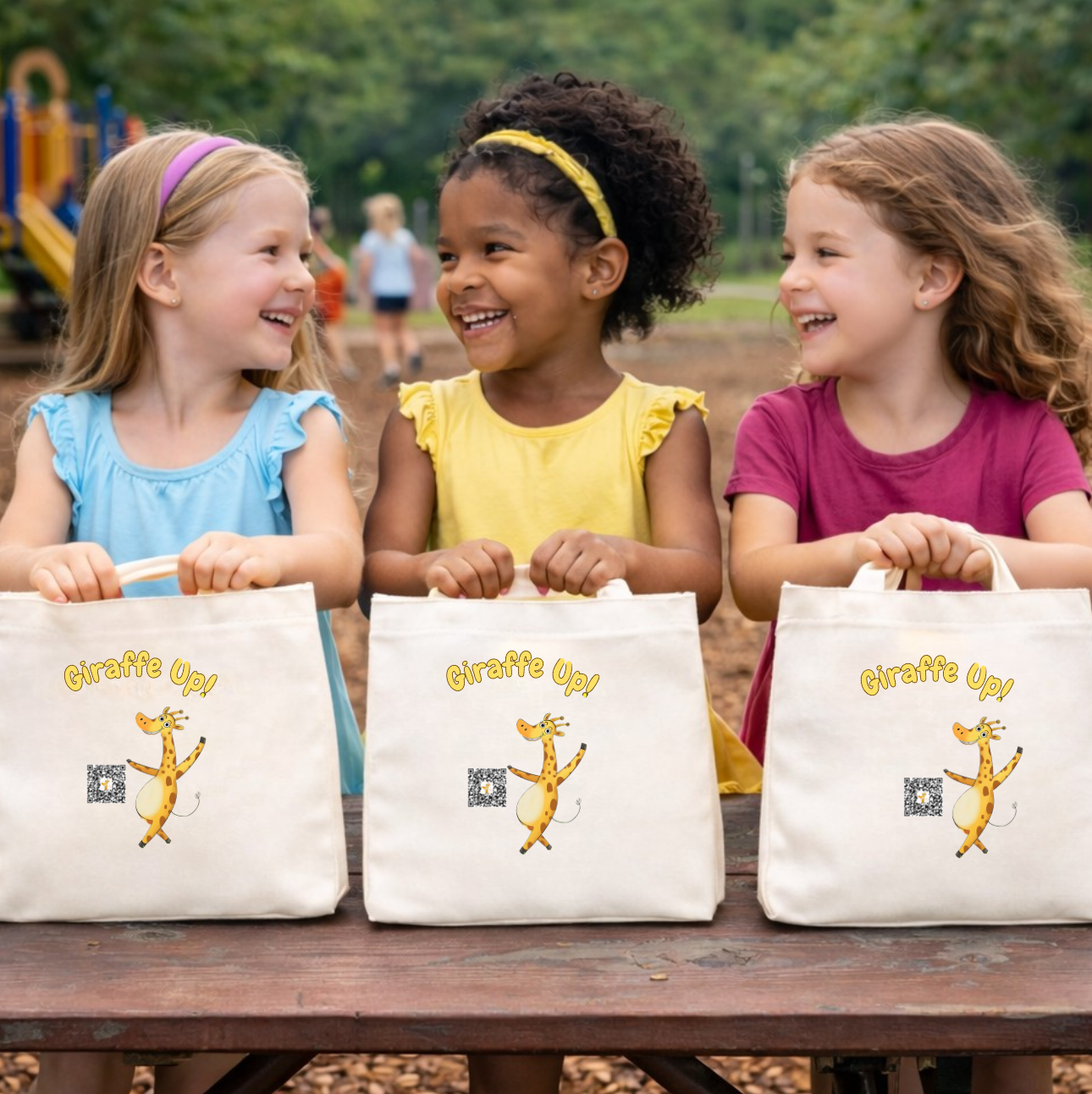 Three children holding 'Giraffe Up!' tote bags outdoors.