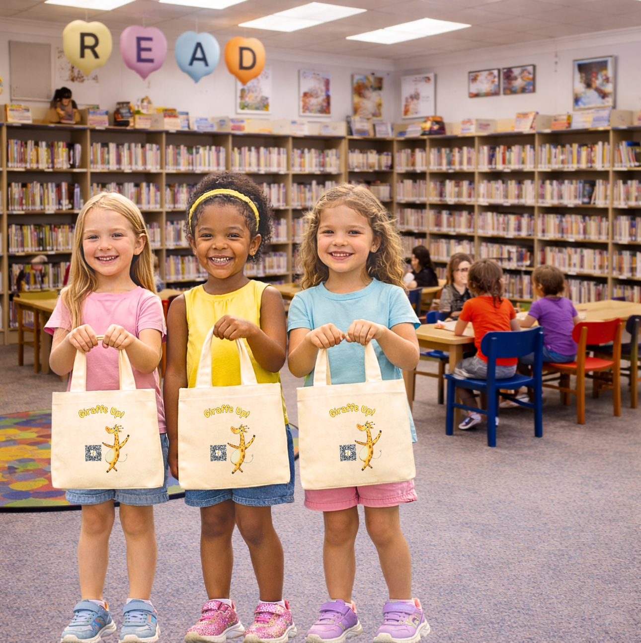 Three toddler girls holding Gertie's tote bags in a library setting