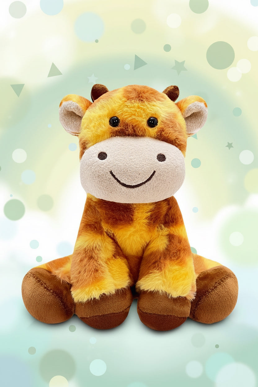 11’ plush stuffed giraffe toy with a warm yellow and brown spotted pattern, a cream-colored snout, and a simple embroidered smile on a plain white background.
