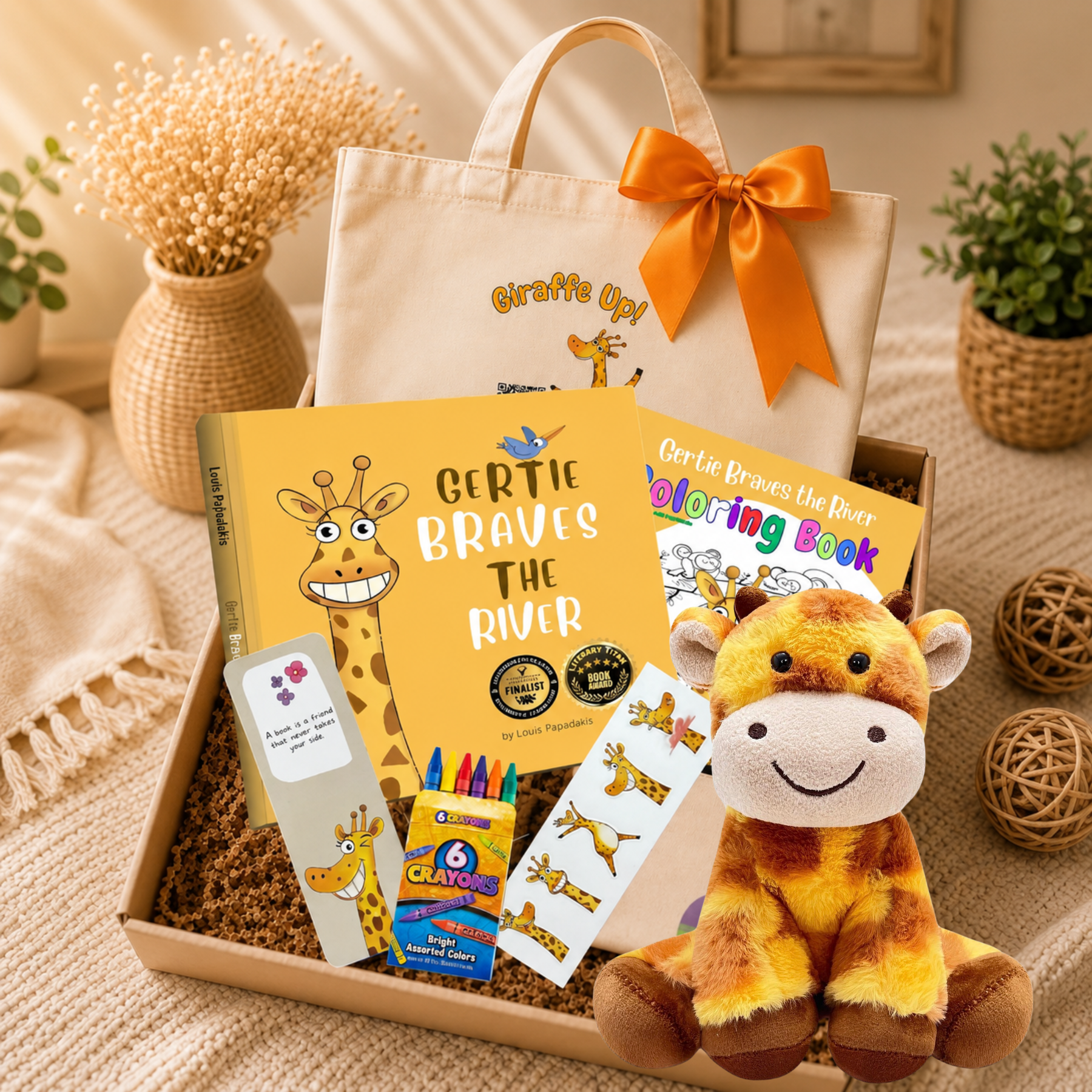 A curated gift box set featuring a beige tote bag with an orange bow, a yellow children's coloring book titled 'Gertie Bravoes the Bear Coloring Book', a matching coloring book titled 'Gertie Bravoes the River', a small plush giraffe toy, a pack of colorful pencils, sticker sheets, and a small card, all arranged in a box on a woven mat with decorative plants in the background.