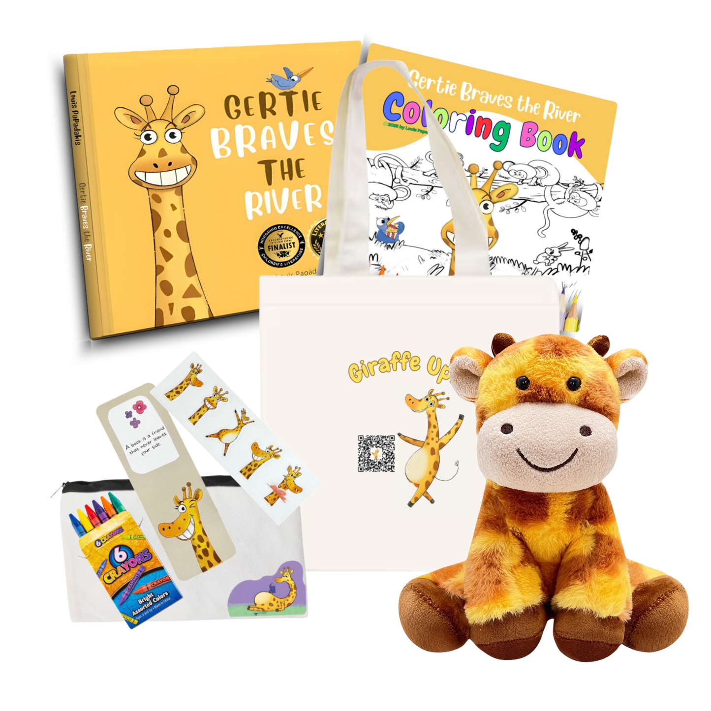 A curated gift set featuring a yellow 'Gertie Braves the River' coloring book, a white tote bag with matching giraffe graphics, a pack of colorful crayons, and a plush yellow-and-brown giraffe toy, all arranged on a white background.