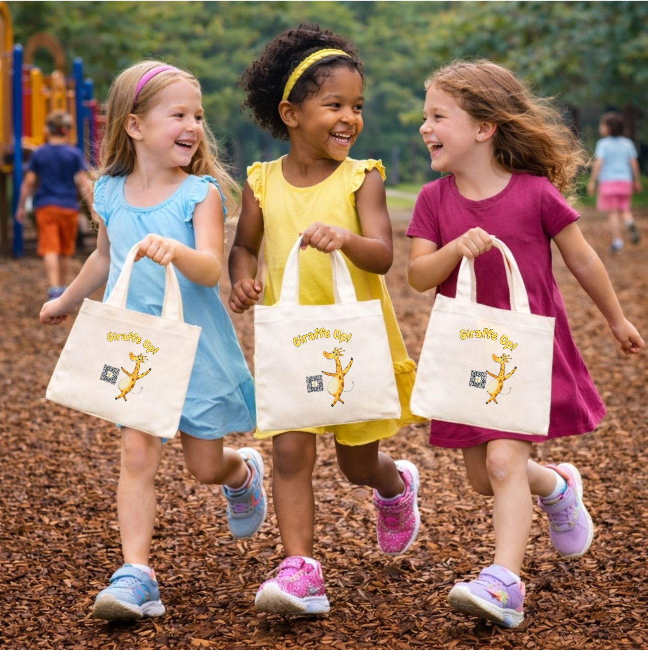 Three girls running outdoors with Gertie's tote bags.