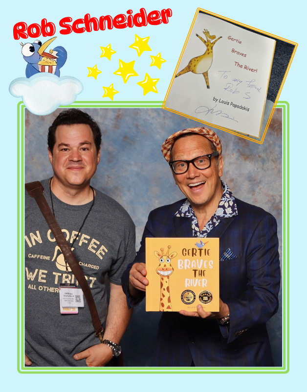 Louis Papadakis and Rob Schneider posing with the kids picture book 'Gertie Braves the River' against a light blue background with stars.