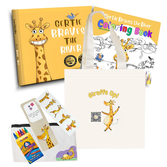Children's book and coloring book set with related items on a white background