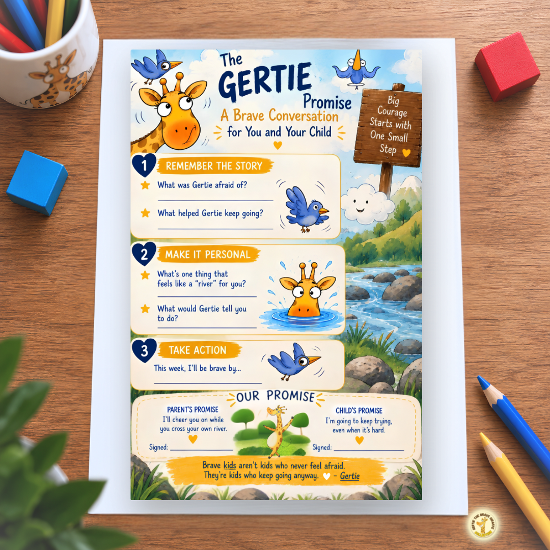A colorful children's promise poster titled 'The Gertie Promise' laid flat on a light surface with toys around it. The poster features cartoon giraffes, bluebirds, a river scene, and fill-in sections for parent and child promises.