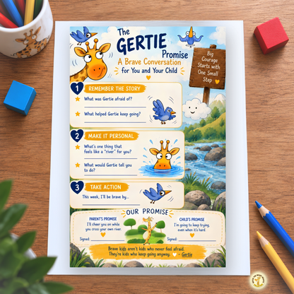 A colorful children's promise poster titled 'The Gertie Promise' laid flat on a light surface with toys around it. The poster features cartoon giraffes, bluebirds, a river scene, and fill-in sections for parent and child promises.