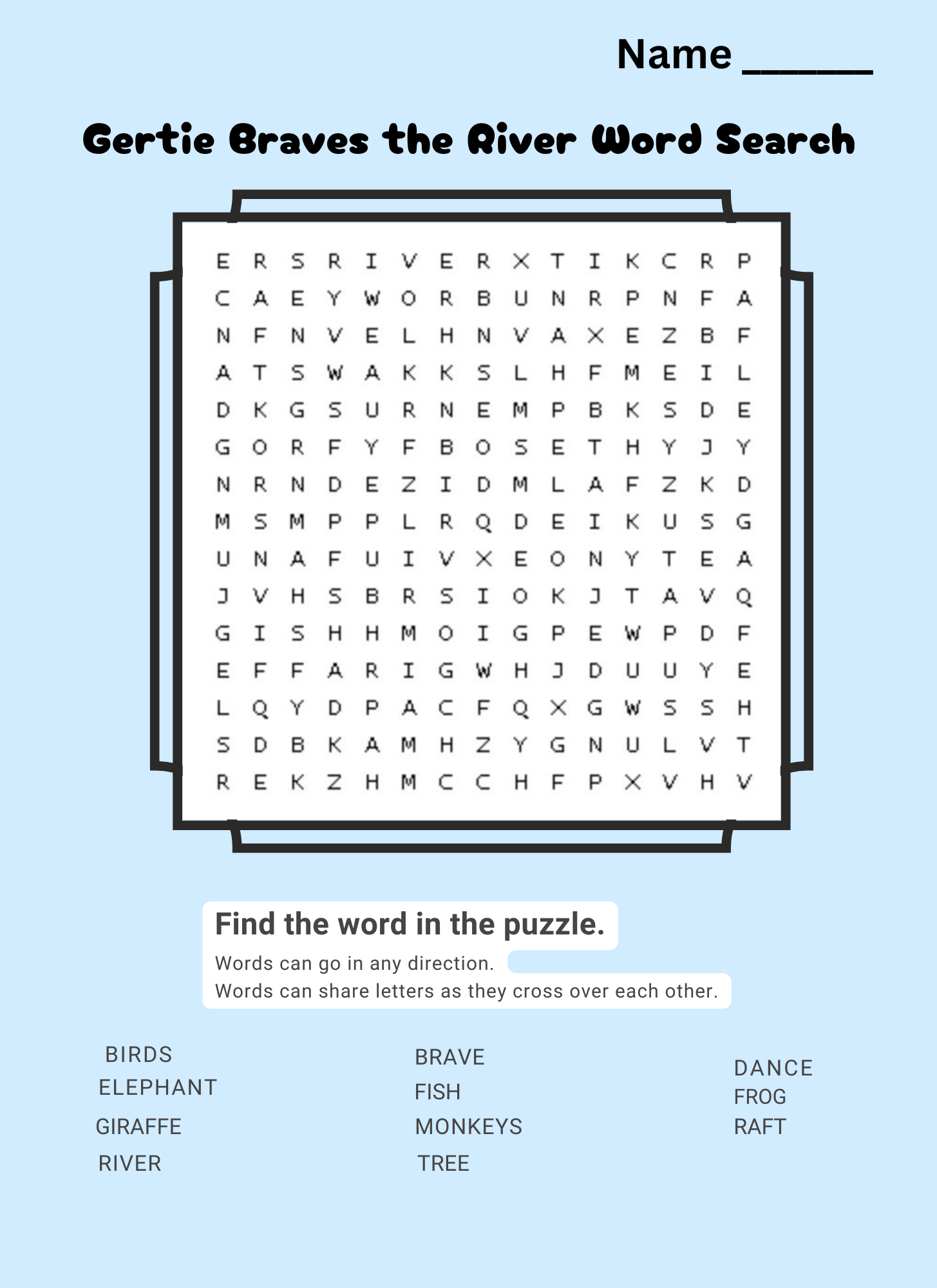 Word search puzzle titled 'Gertie Braves the River' with a light blue background