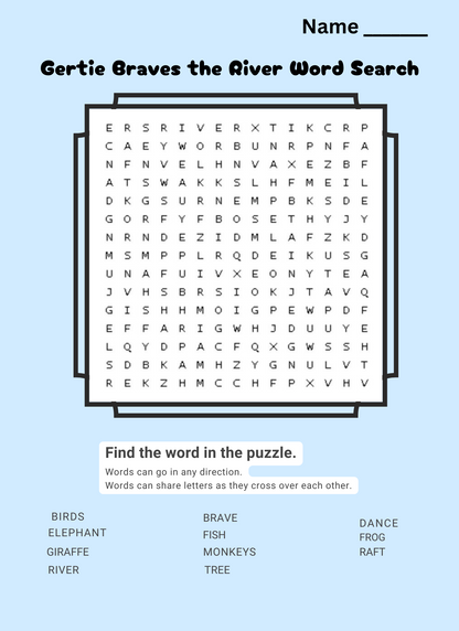 Word search puzzle titled 'Gertie Braves the River' with a light blue background