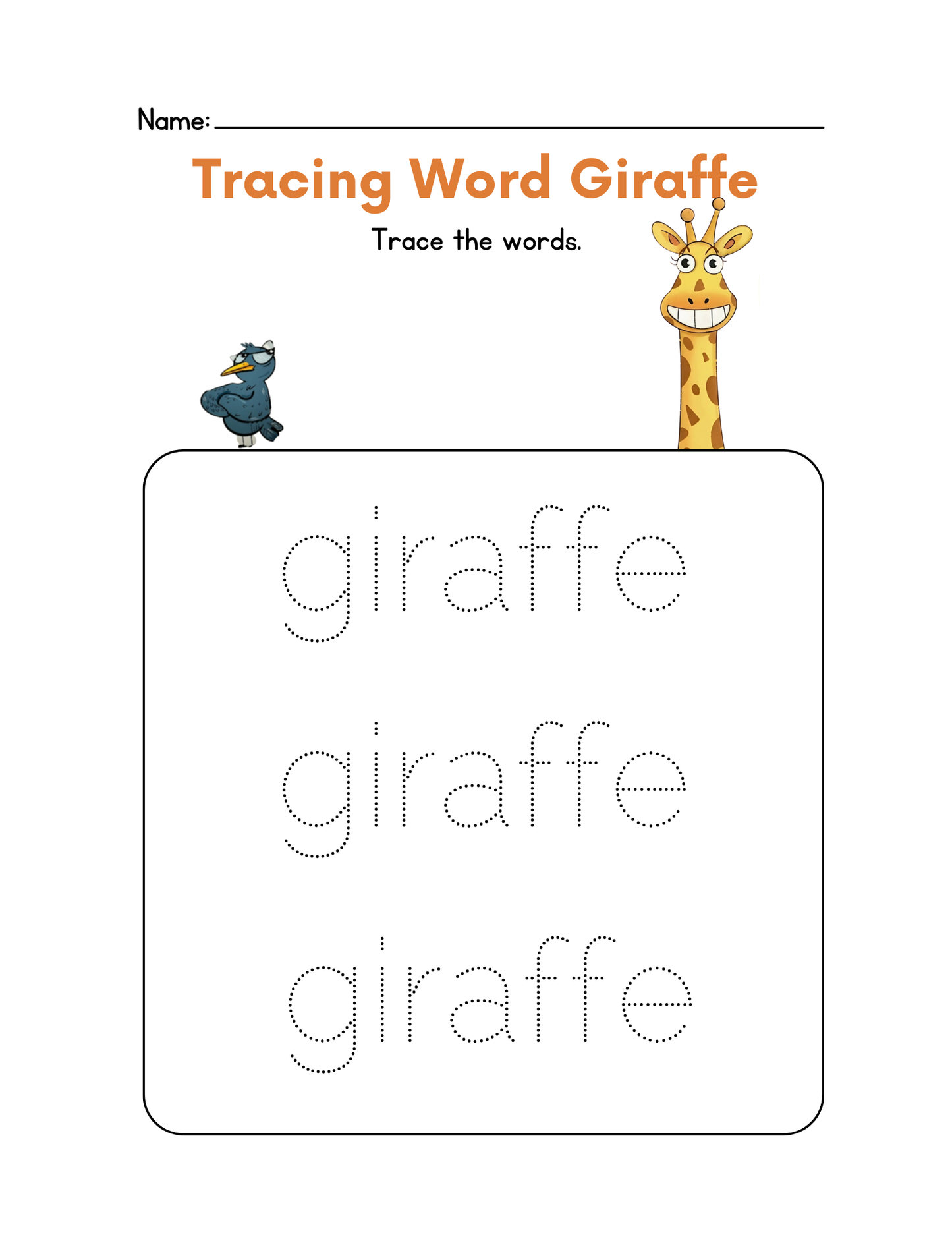 Tracing worksheet for children with Gertie the giraffe theme, featuring the word 'giraffe' to trace.