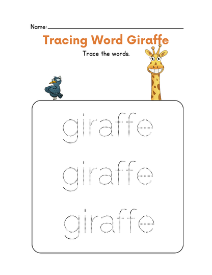 Tracing worksheet for children with Gertie the giraffe theme, featuring the word 'giraffe' to trace.