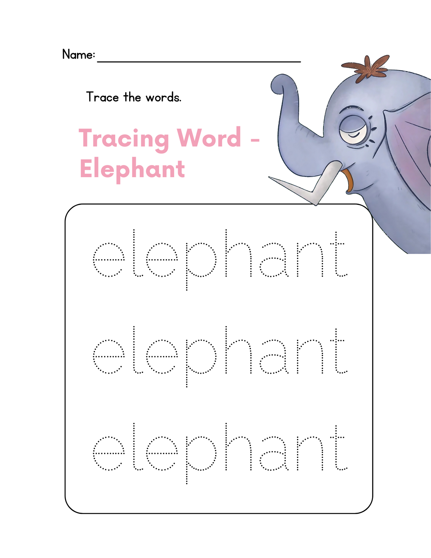 Preschool worksheet with an elephant tracing activity on a white background